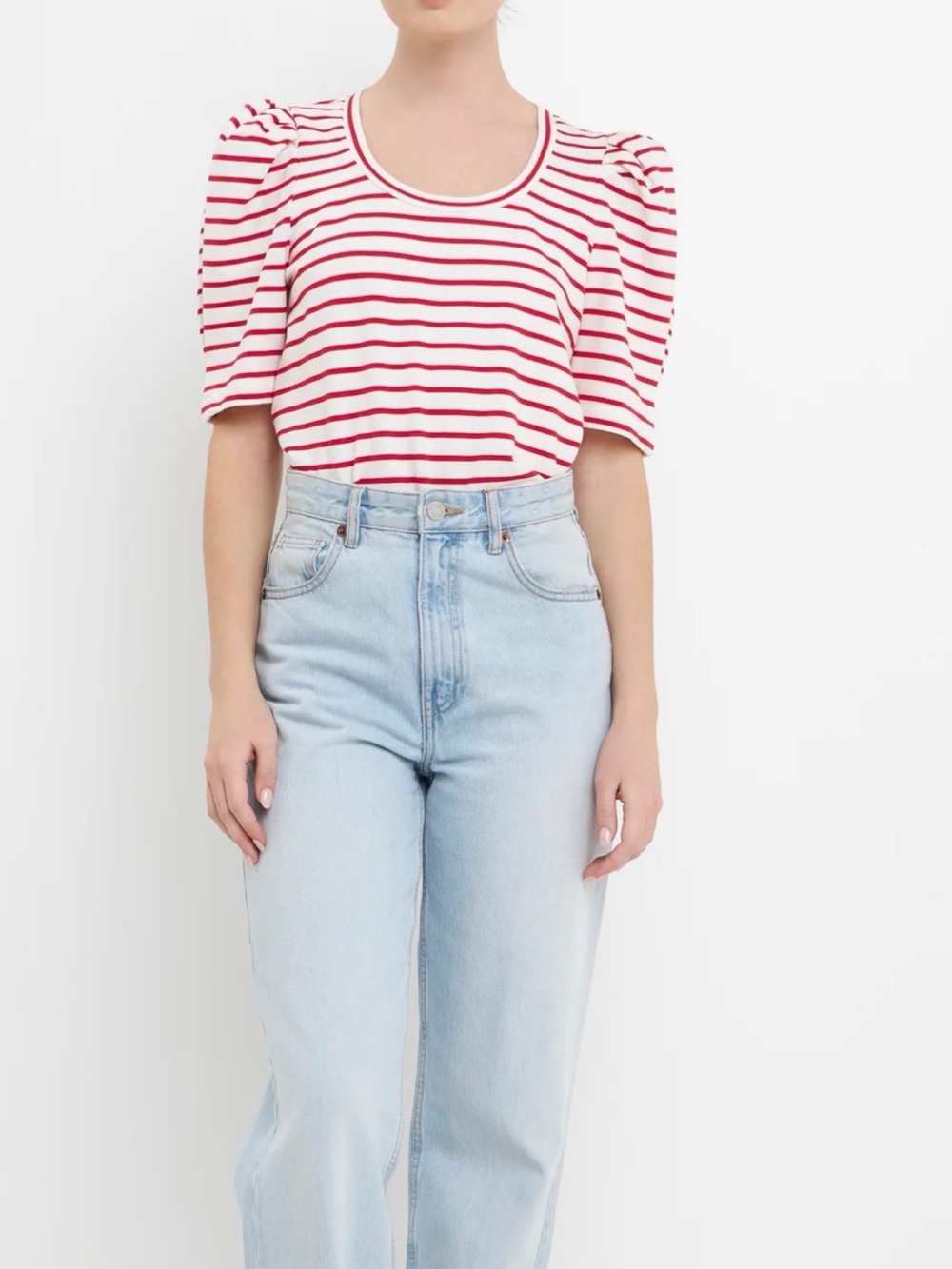 English Factory Stripe Pleated Puff Sleeve Top